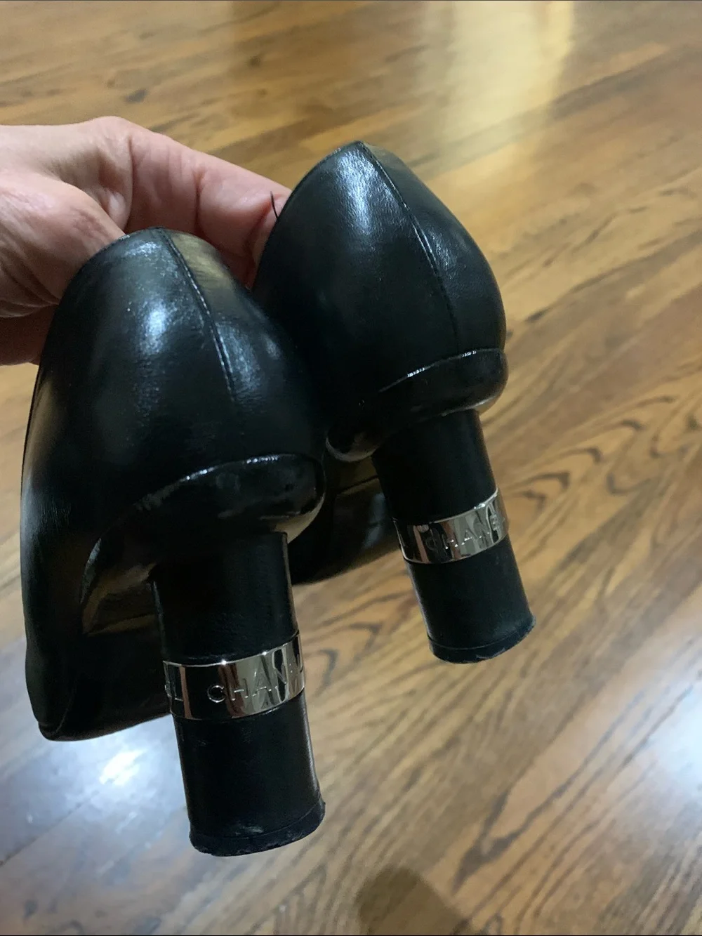 CHANEL Black Leather Square-Toe Low Heel Pumps
